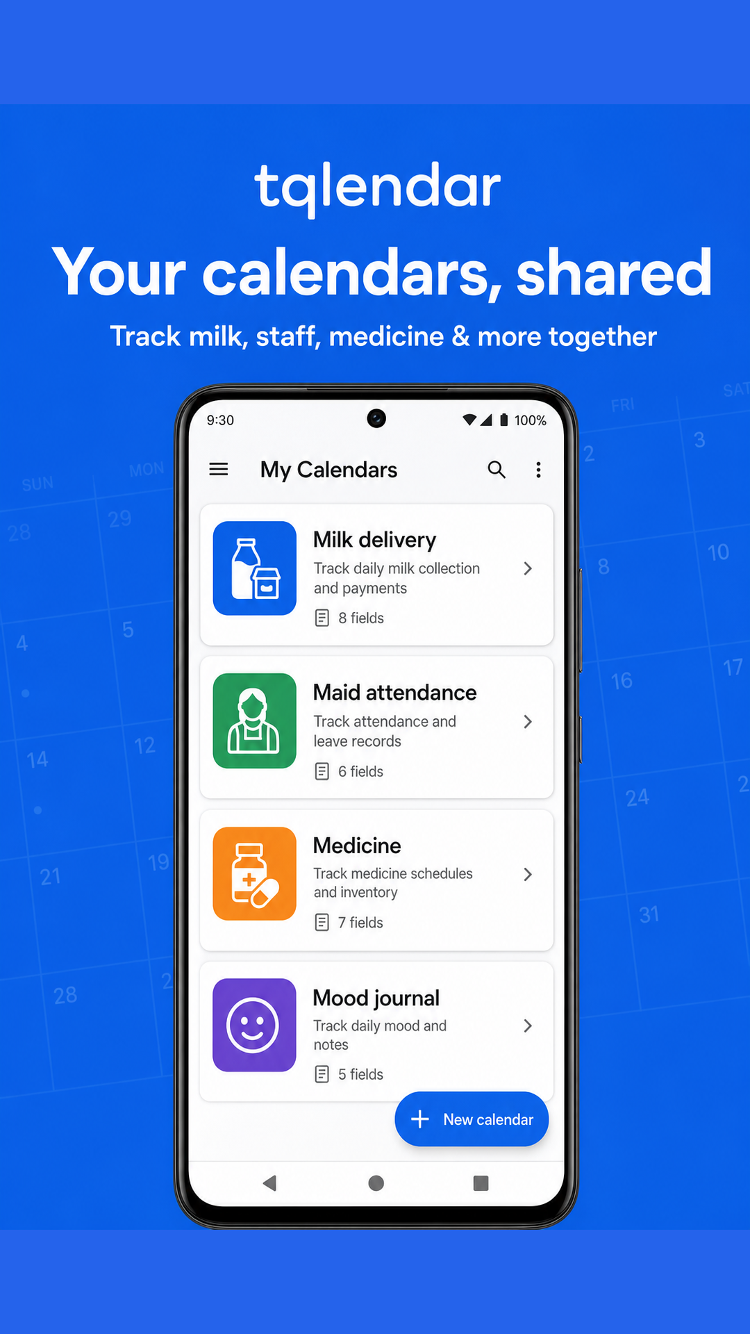 Qlendar My Tracker list of shared calendars